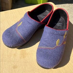 Dansko Blue Felt Clogs with Red Trim and Leaf Embroidery